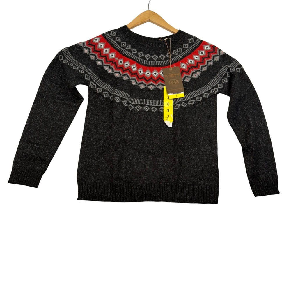Weatherproof Vintage Mens Small Fair Isle Yoke Sweater Charcoal Red Nordic Knit